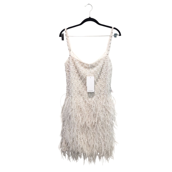 NWT Nadine Merabi Carrie Ivory White Beaded Feather Cocktail Dress Size 8/M - Picture 3 of 16